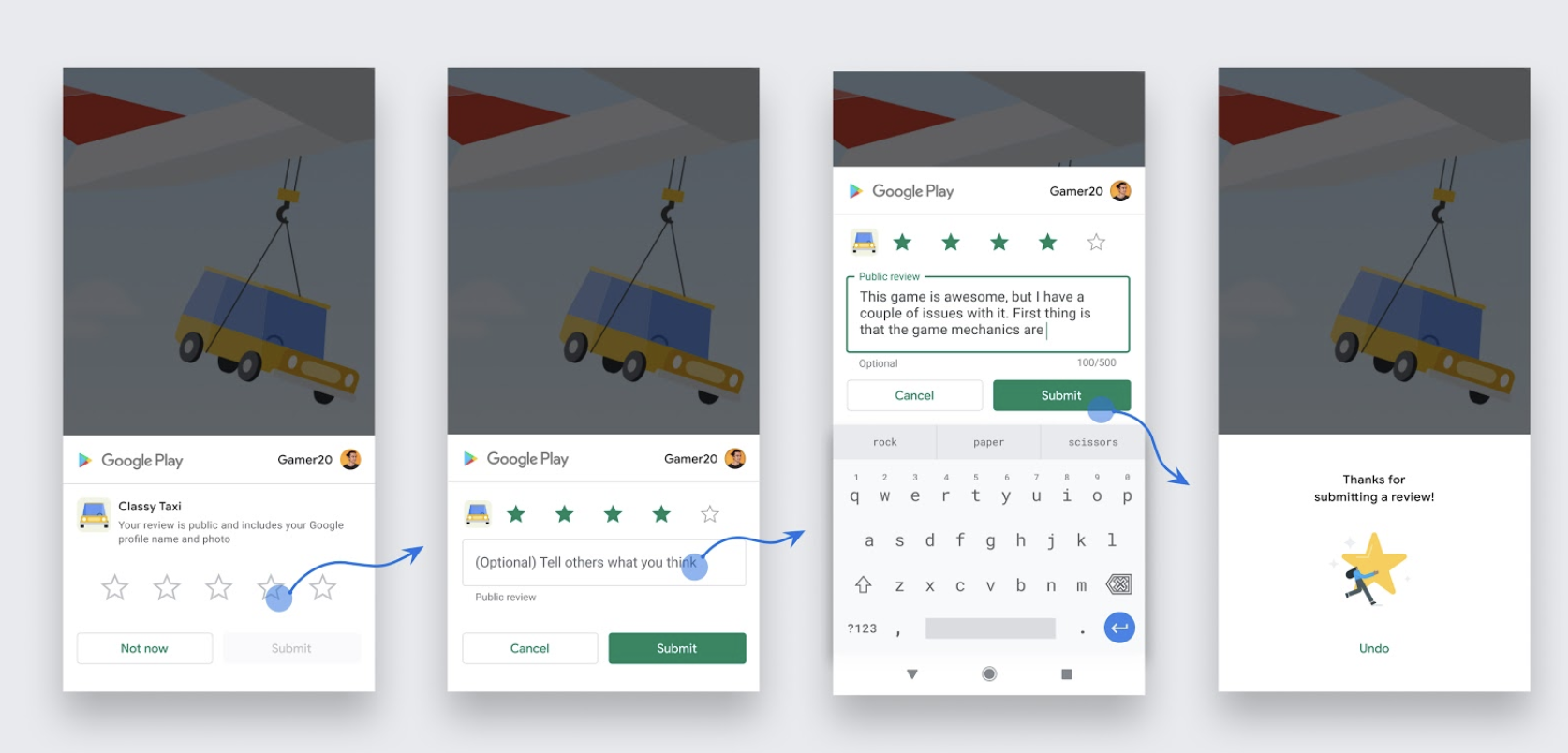 Google Play in-app review flow: pick stars, write an optional review, submit, thank-you screen