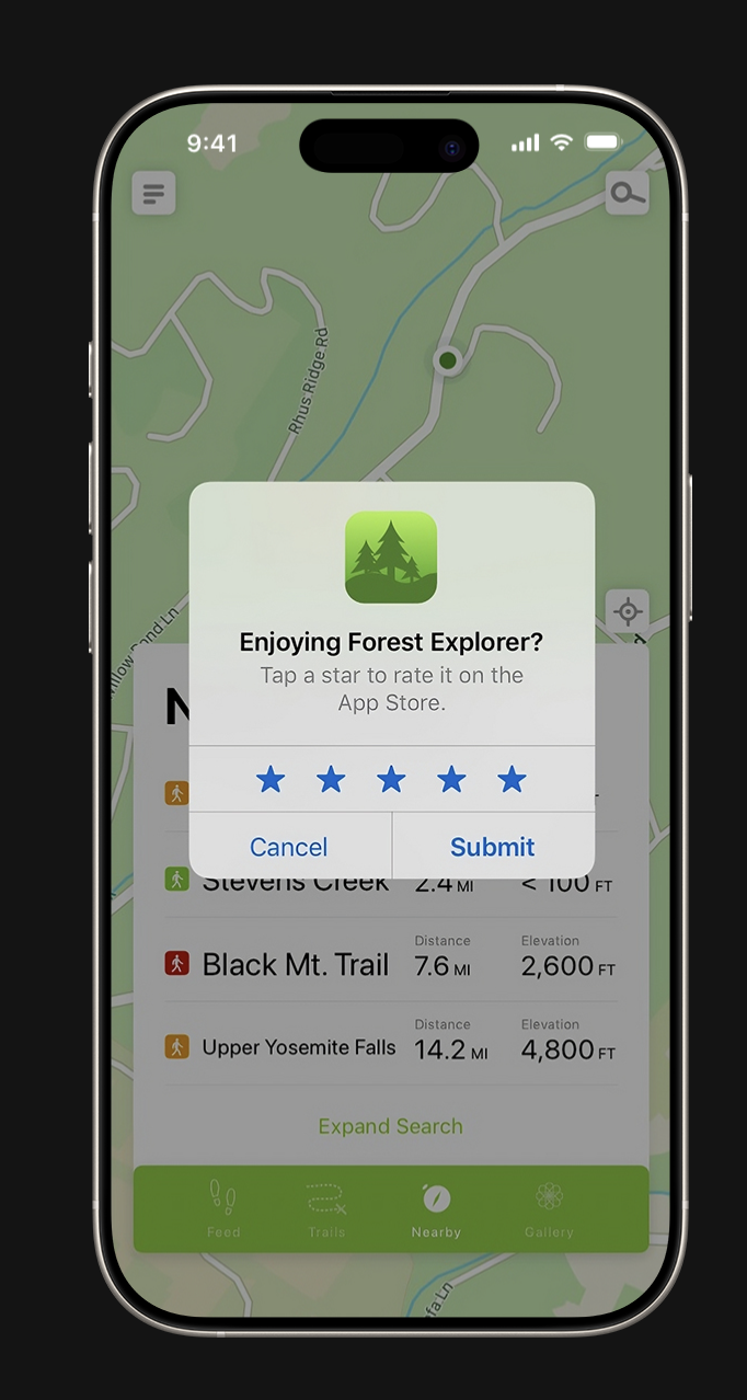 iOS SKStoreReviewController rating dialog with five stars, Cancel and Submit